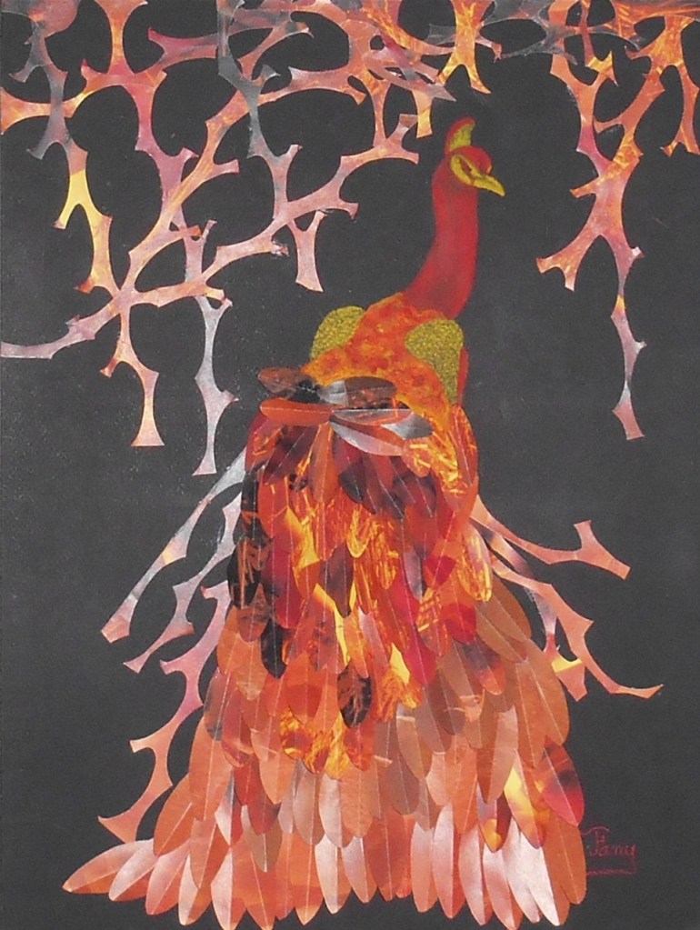 Création au Pastels gras et collage papier imprimé sur Art-Board noir mi-teintes A3, signé en bas à droite, mars 2018