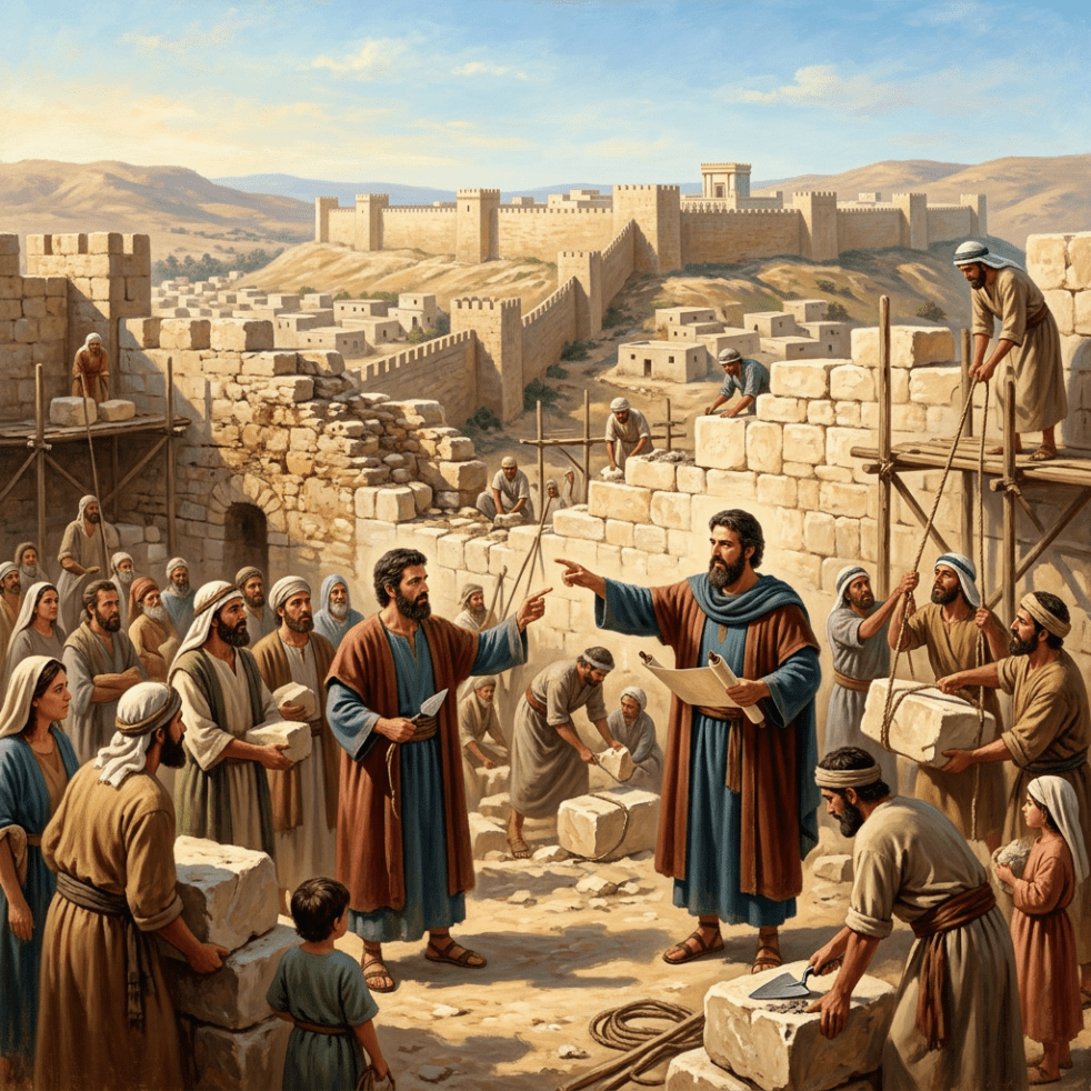 People rebuilding a stone wall with leadership directing construction in ancient city