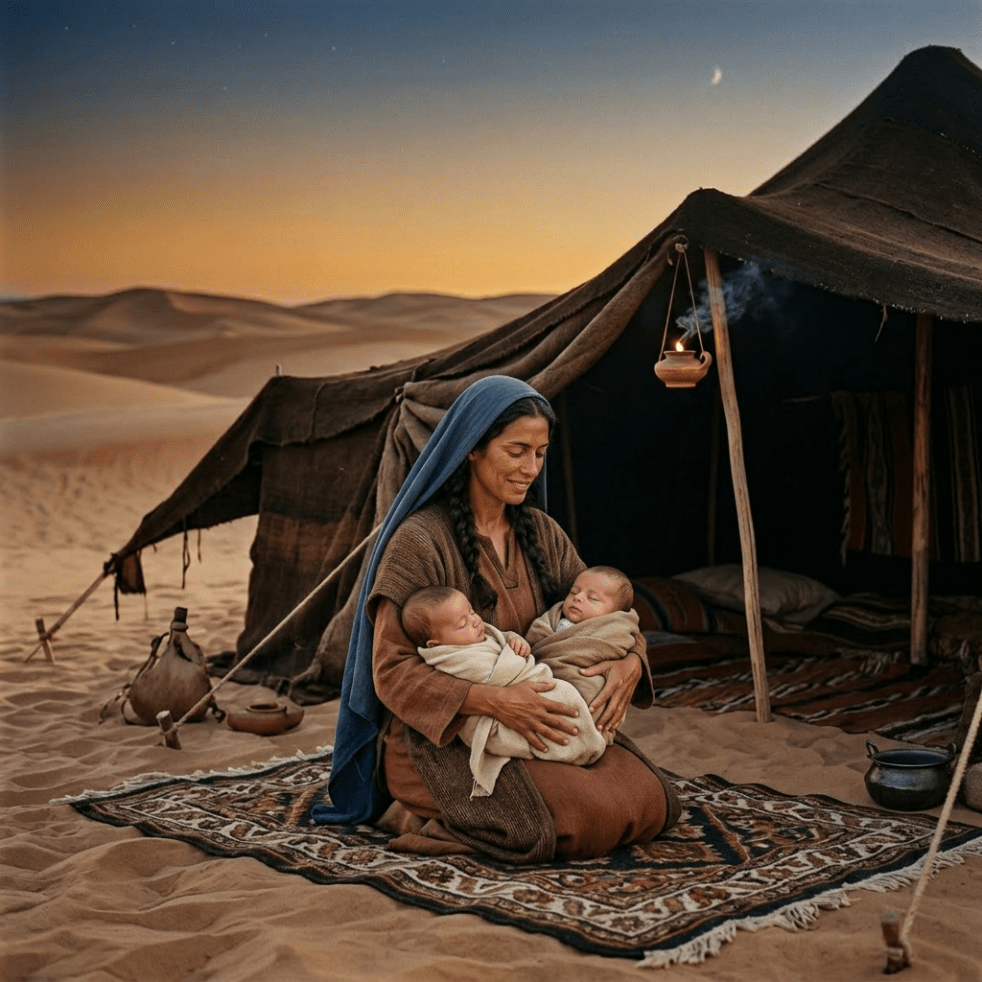 A woman sitting on a decorated rug outside a tent in the desert holding two swaddled babies.