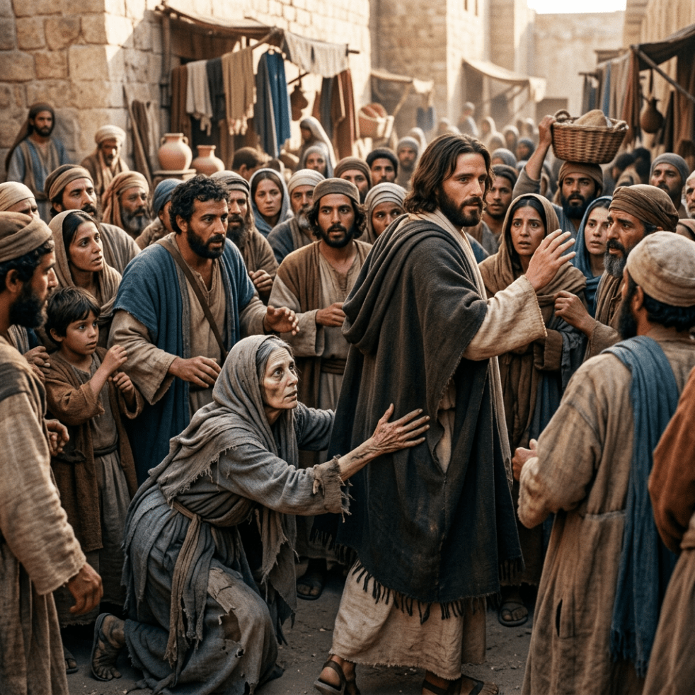 Jesus surrounded by a crowd, reaching out to touch a kneeling woman in robes